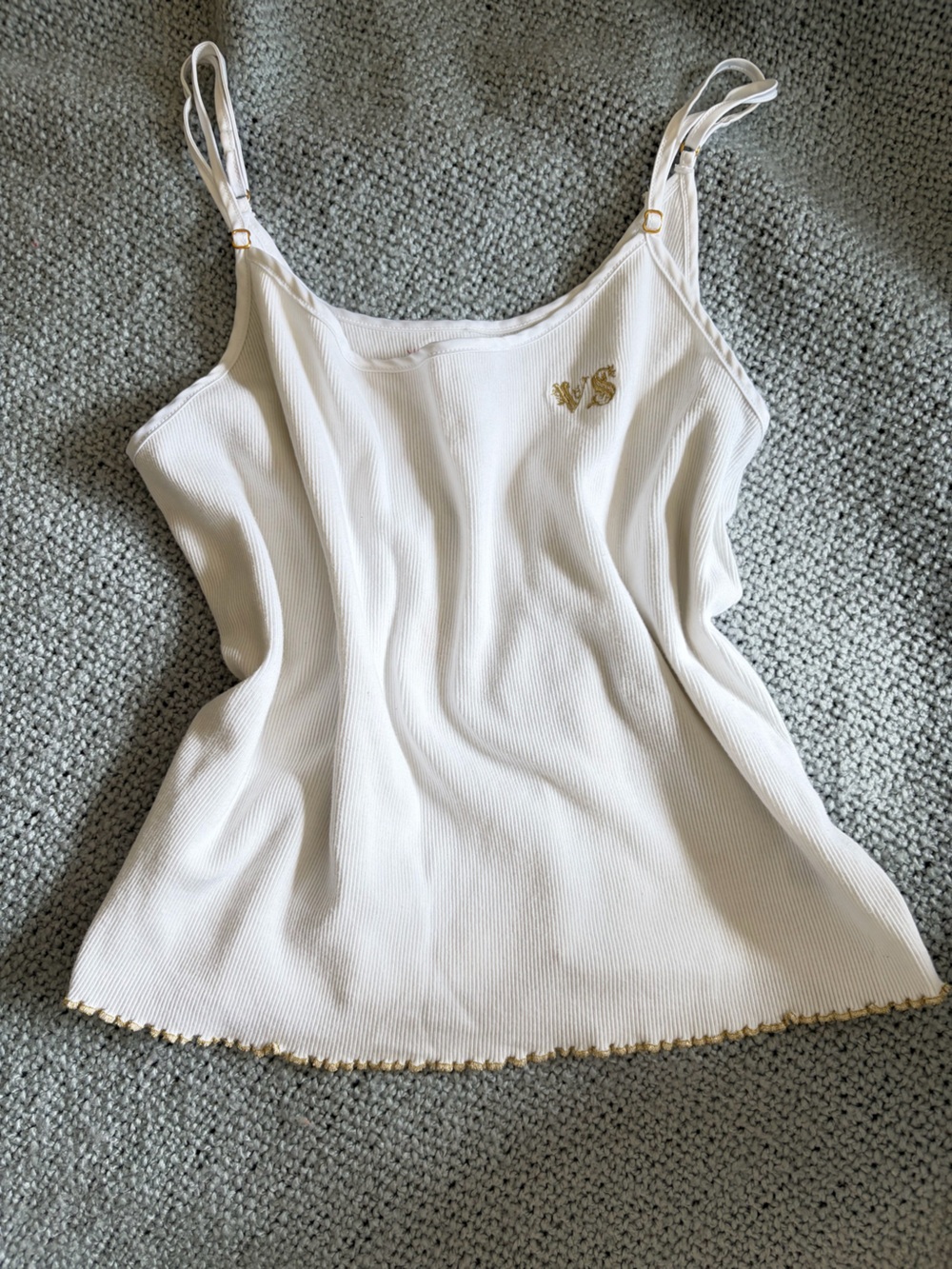 Victoria Secret White Ribbed Tank Top with Gold Embroidered Emblem